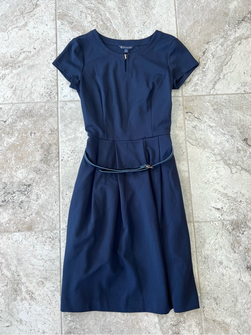 Brooks Brothers NWT Crew Neck Cap Sleeve Belted Fit & Flare Dress Blue Pockets 4